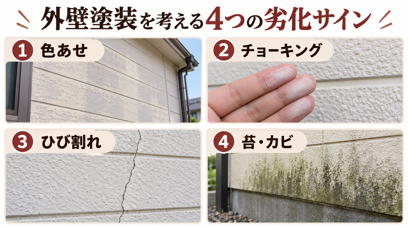 外壁塗装の劣化サイン4種類を比較した解説画像｜色あせ・チョーキング・ひび割れ・苔やカビ